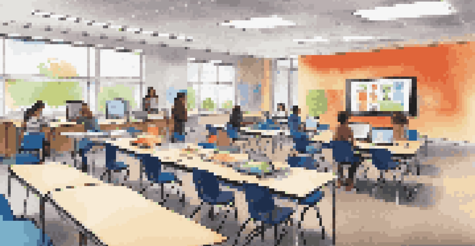 Students in a modern classroom using technology like tablets and laptops for collaborative learning on a project.