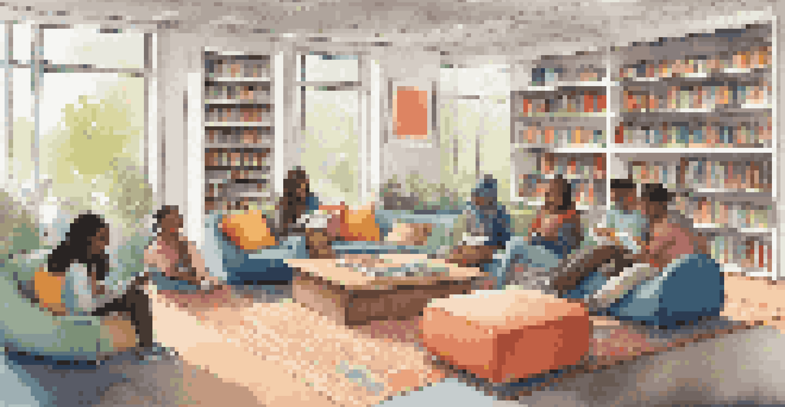 A cozy reading nook in a school library with soft seating, colorful cushions, and students collaborating on ideas.