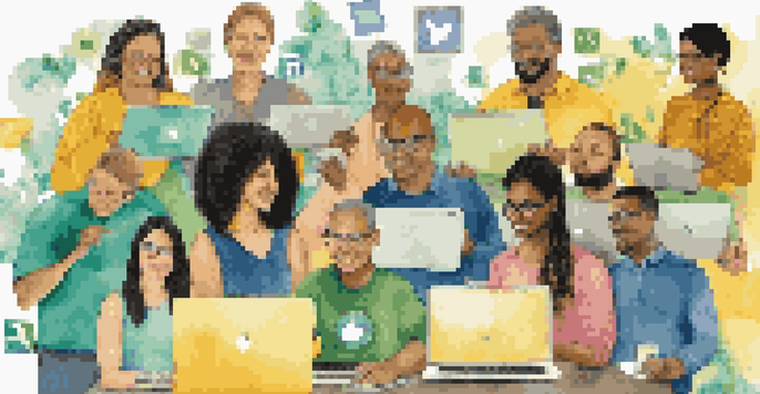 A diverse group of educators collaborating online through various devices, illustrating the power of social media in education.