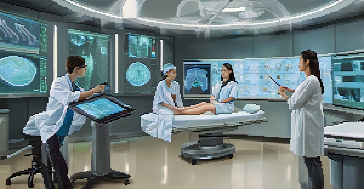 A modern medical training facility with an instructor guiding students in a VR surgical simulation, highlighting technology and teamwork.