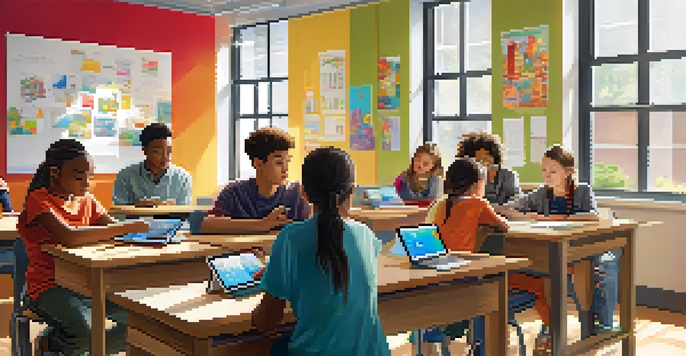 A classroom with diverse students using tablets and laptops, showcasing engagement with adaptive learning technologies.