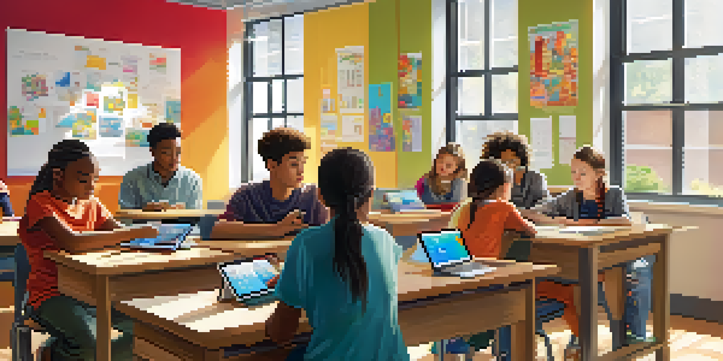 A classroom with diverse students using tablets and laptops, showcasing engagement with adaptive learning technologies.