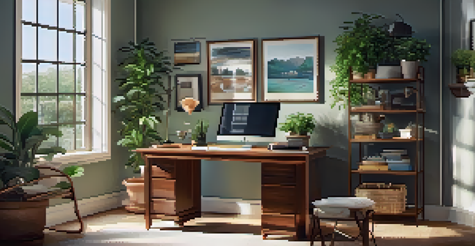 A bright and inviting home office with a desk, laptop, notebook, and plants, emphasizing a supportive learning environment.