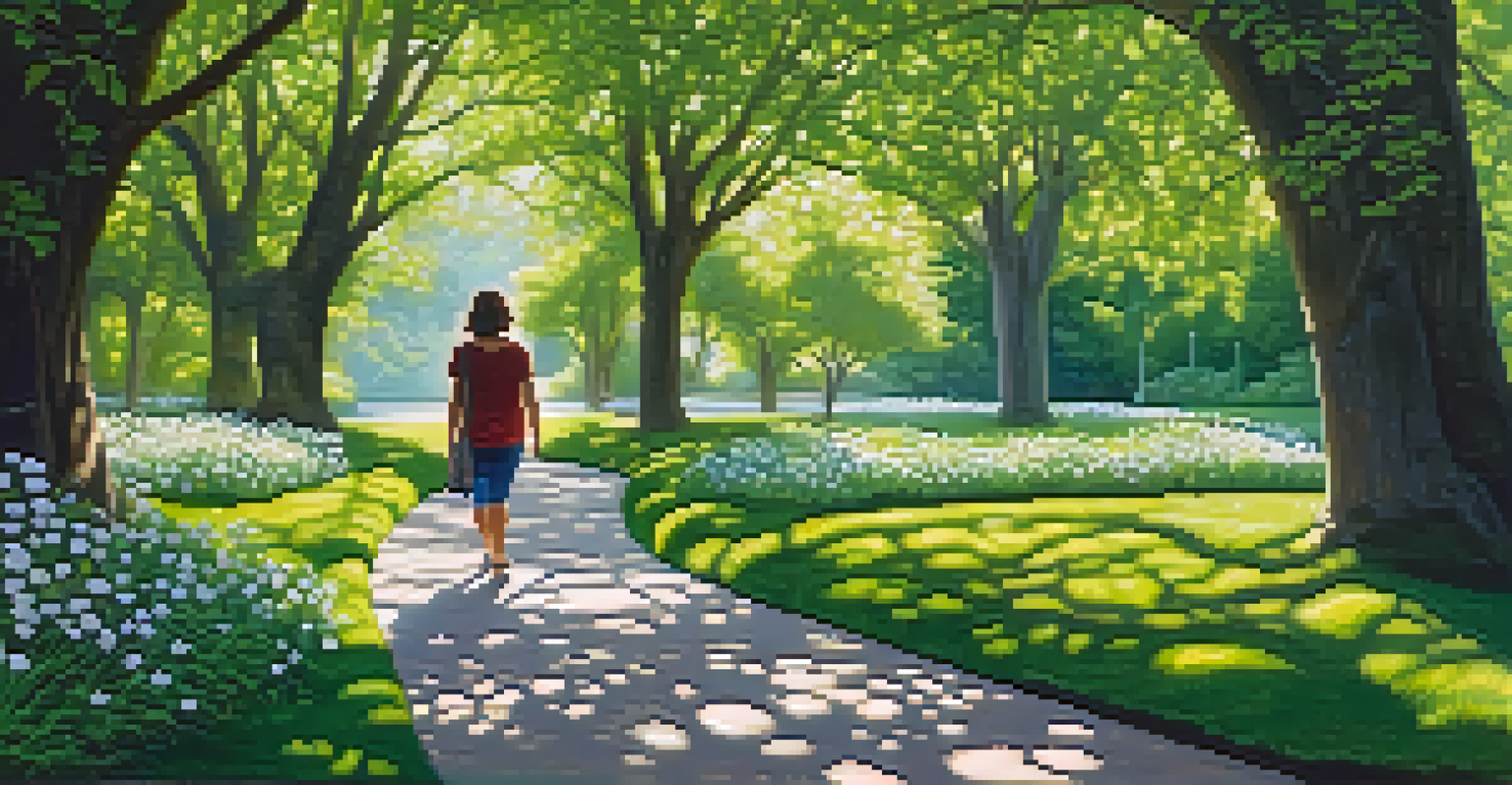 A person walking mindfully in a green park, surrounded by trees and flowers, with sunlight filtering through.