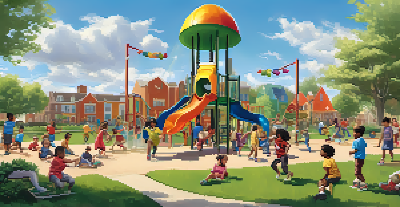 Children from diverse backgrounds playing together on an outdoor playground, engaged in a cooperative game, with a blue sky and green grass.