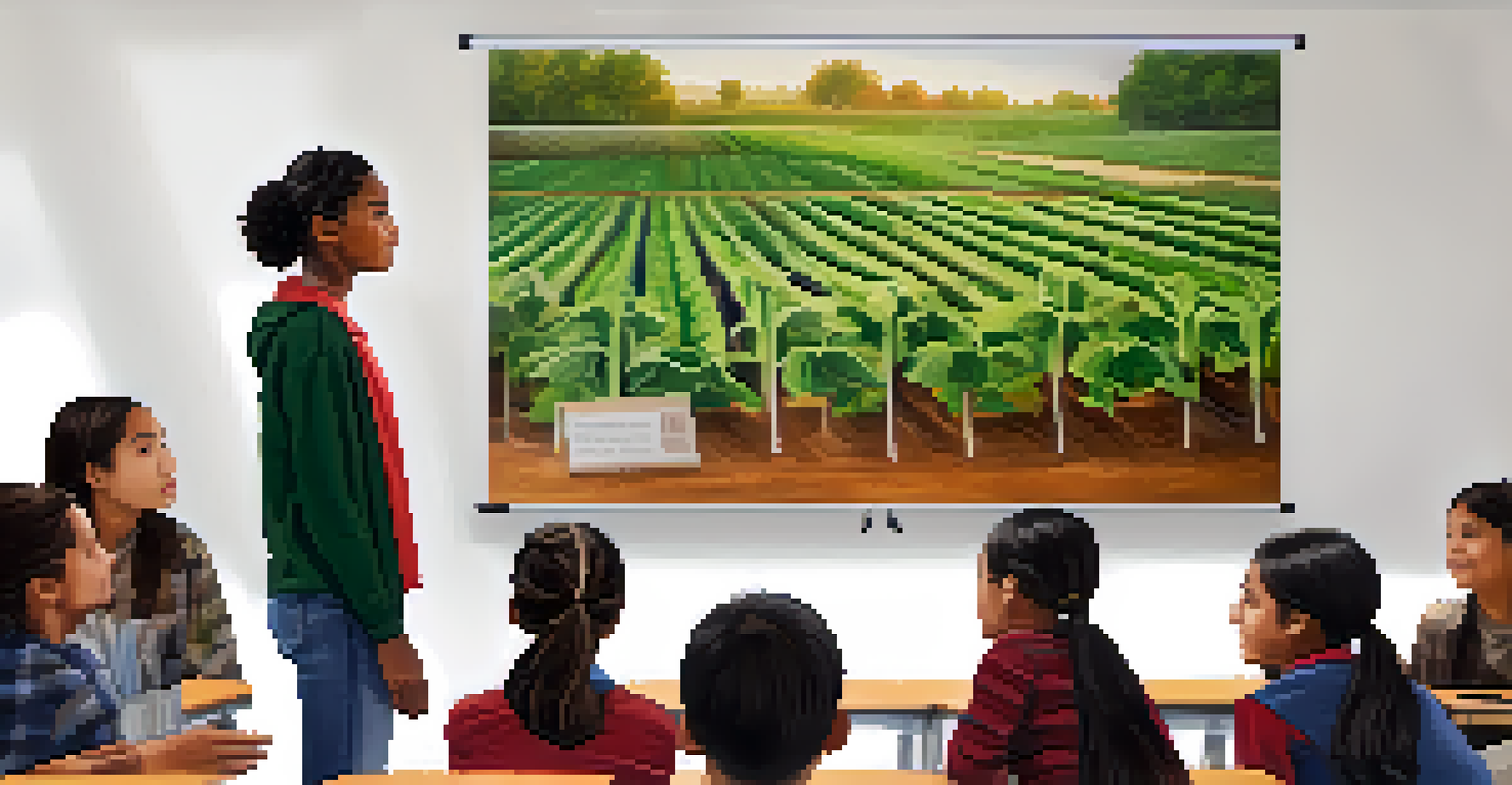 A student presenting an agricultural project in a classroom, with classmates listening and images of local farming techniques in the background.