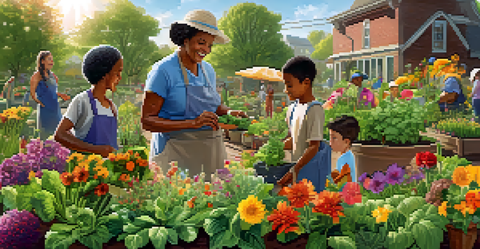 A community garden with an elderly woman teaching a young boy how to plant seeds, surrounded by colorful flowers and vegetables under bright sunlight.