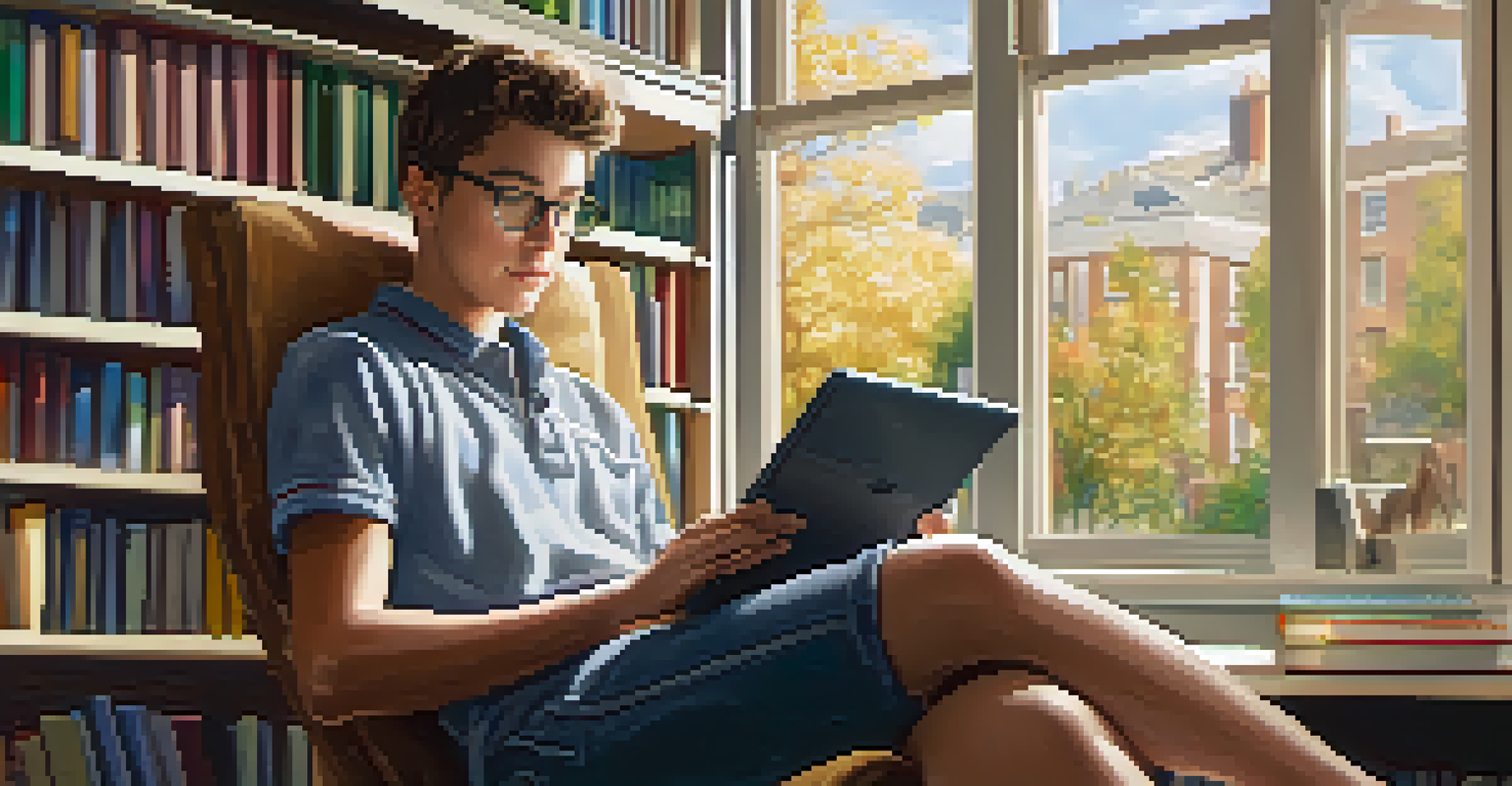 A student studying at home using a tablet, surrounded by bookshelves and warm sunlight, showcasing focus and engagement.