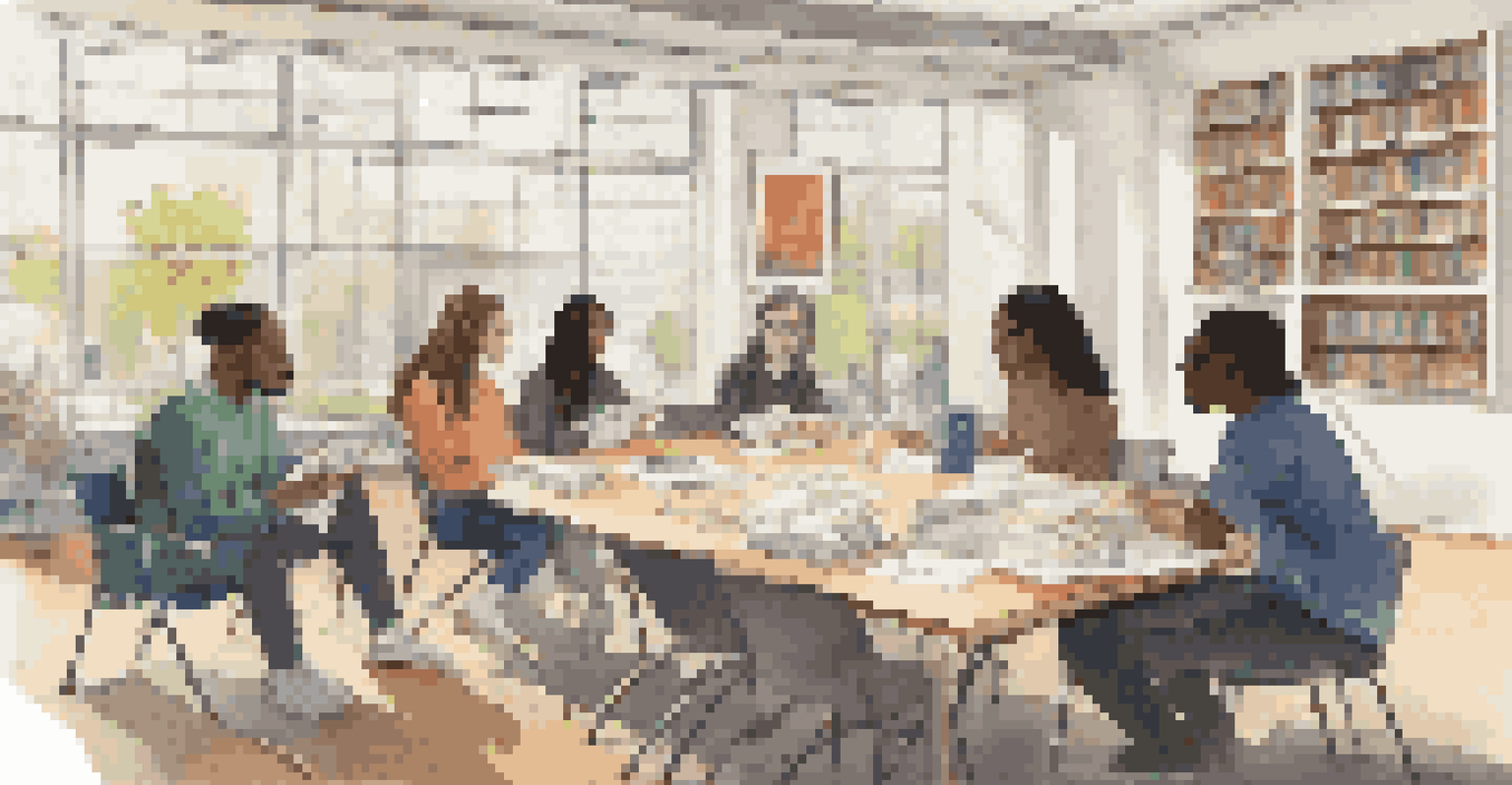 A diverse group of students in a library meeting to discuss book selections, with a whiteboard in the background showing book titles.