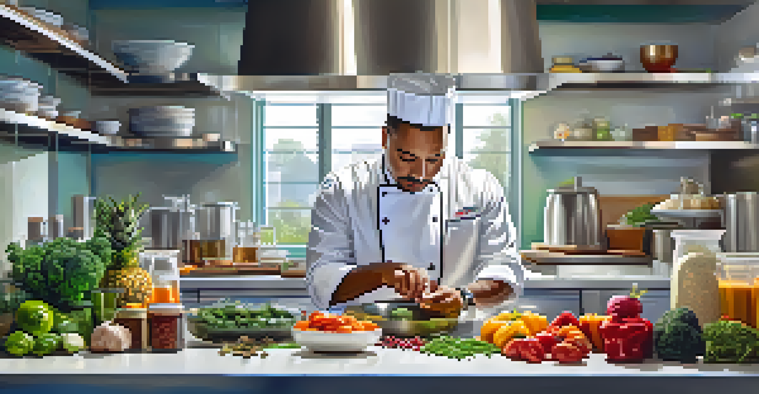 A chef measuring ingredients in a modern kitchen with bright lighting and colorful spices.