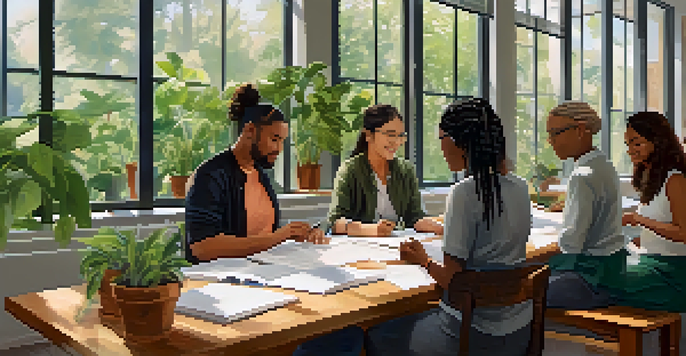 A diverse group of adult learners in a bright, collaborative workshop setting, engaging with each other around a large table with books and laptops.