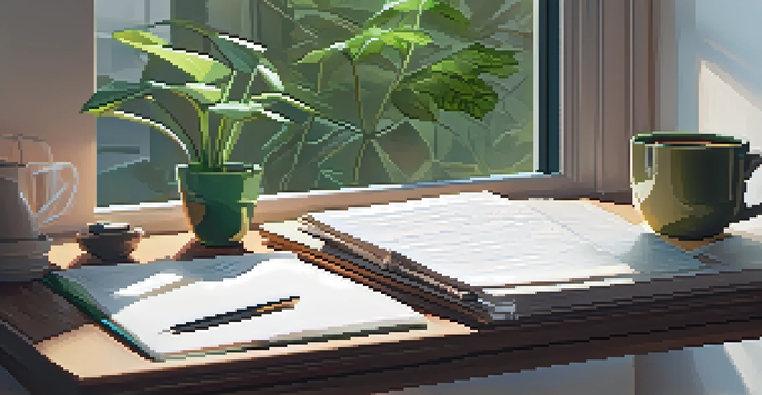 A modern workspace with a laptop, coffee cup, and notepad, illuminated by natural light and surrounded by plants.