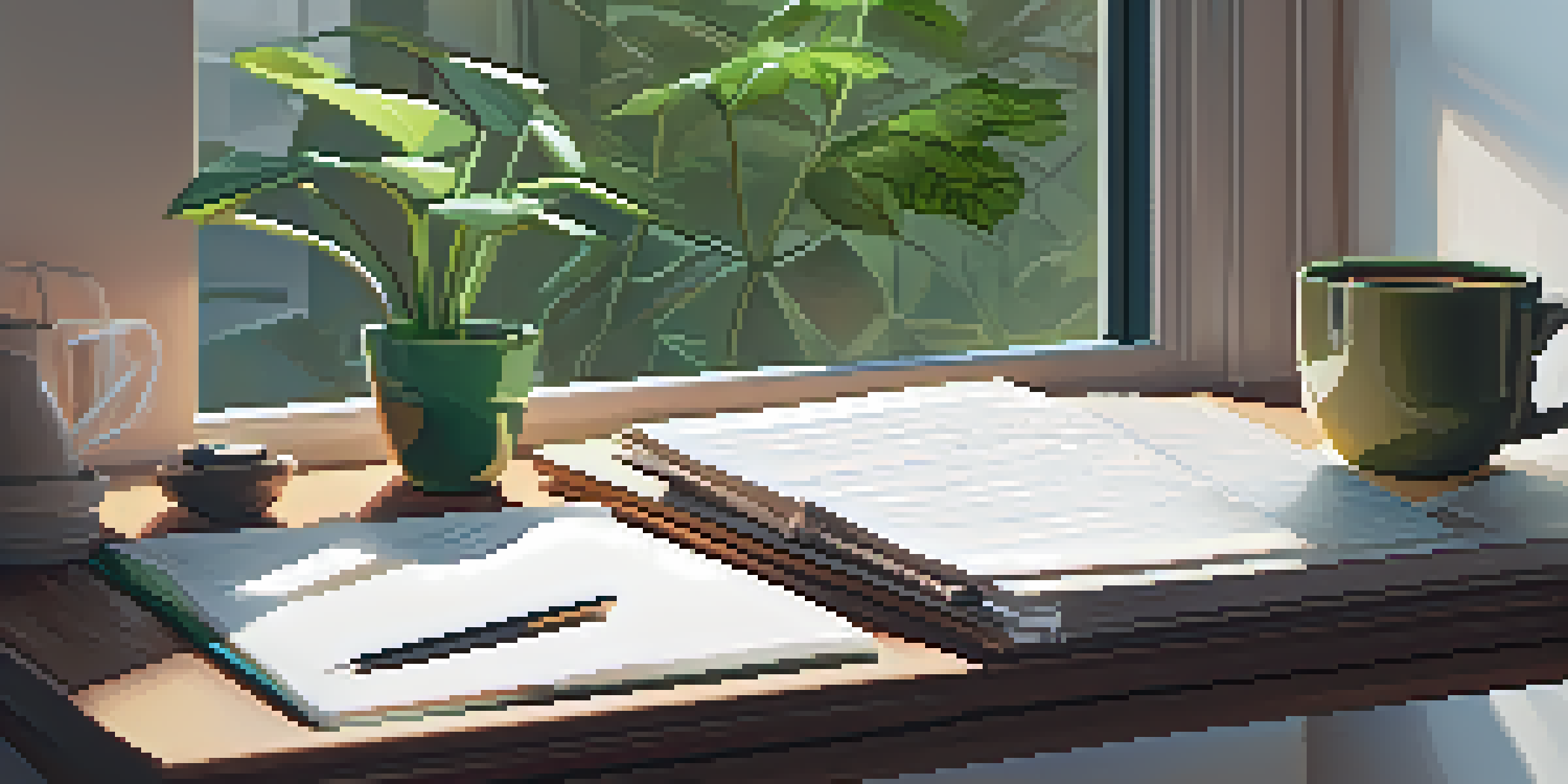 A modern workspace with a laptop, coffee cup, and notepad, illuminated by natural light and surrounded by plants.
