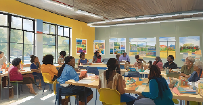 A diverse group of community members participating in a workshop, discussing educational resources with colorful posters around them.