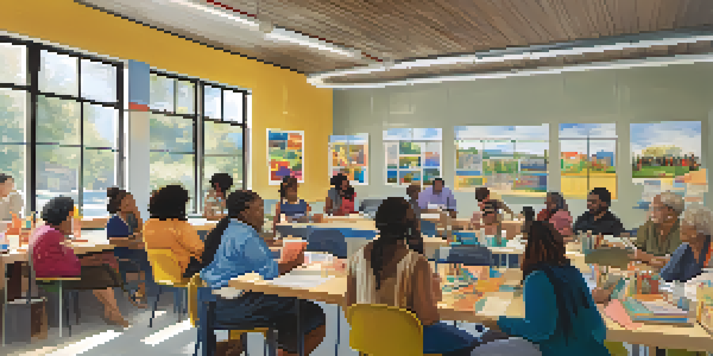 A diverse group of community members participating in a workshop, discussing educational resources with colorful posters around them.
