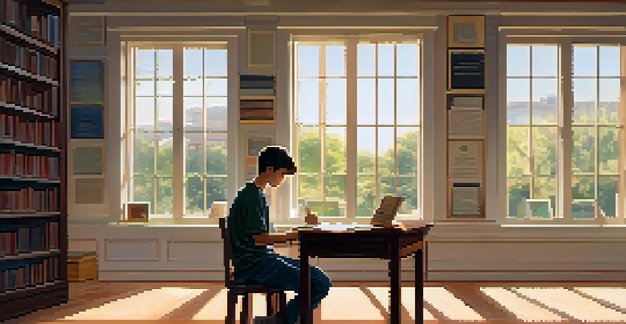 A student practicing deep breathing at a desk by a sunlit window, surrounded by books and stationery, with a calm expression.