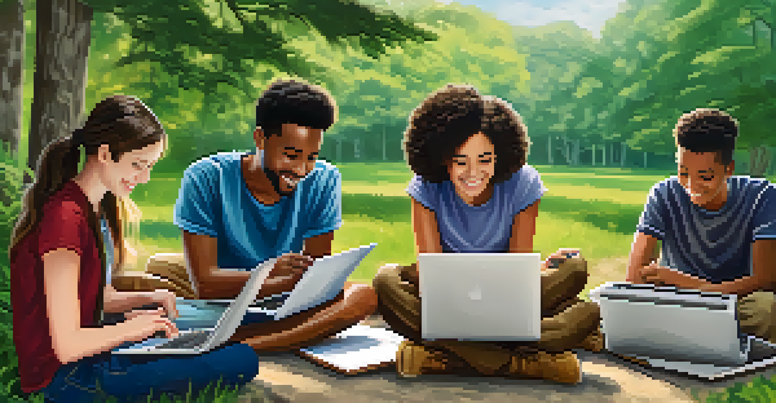 A group of diverse students working together outdoors with laptops, analyzing a travel website and enjoying teamwork in a natural setting.