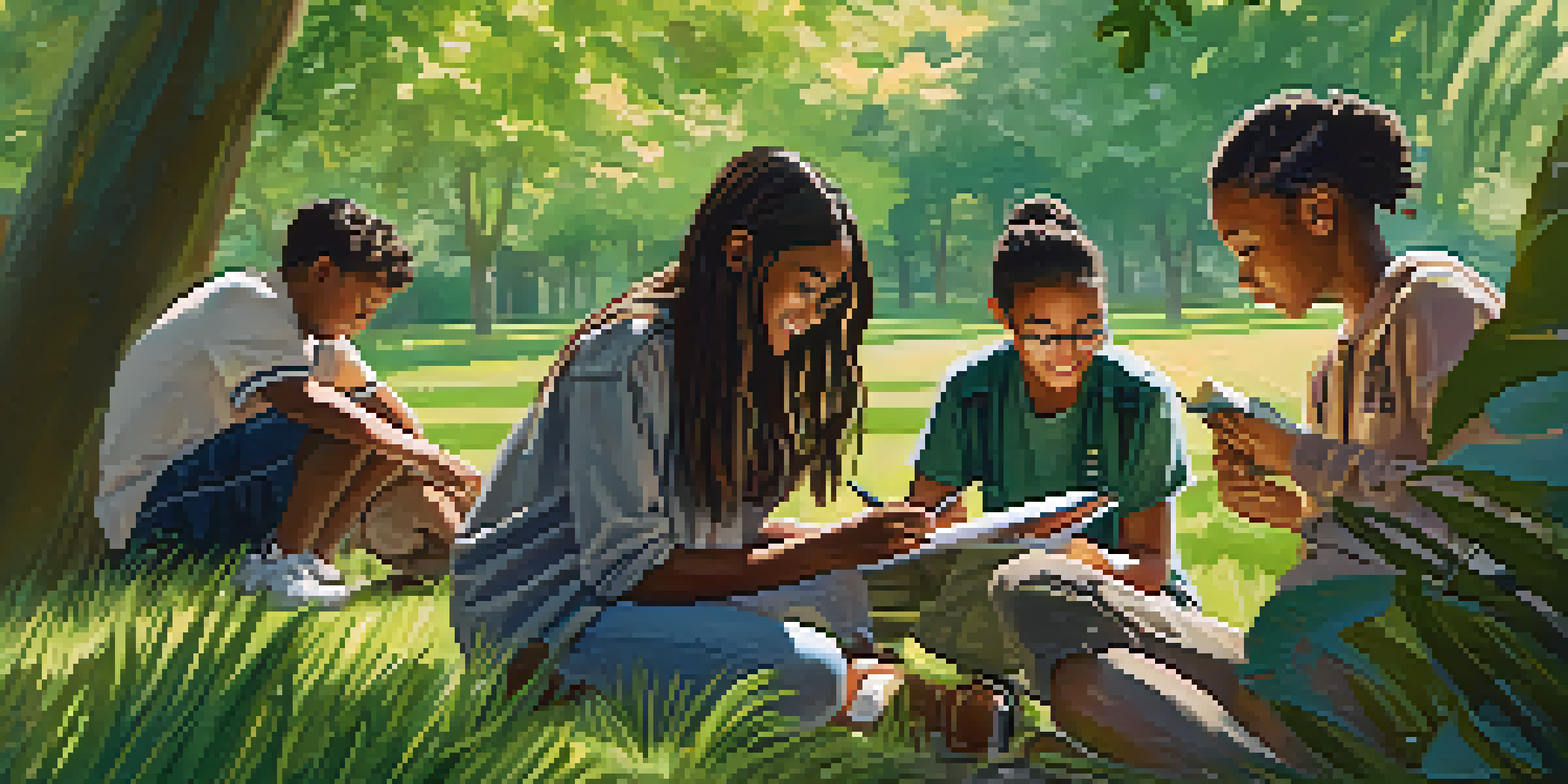 A diverse group of students exploring a vibrant local park, observing plants and animals, surrounded by lush greenery and sunlight filtering through leaves.