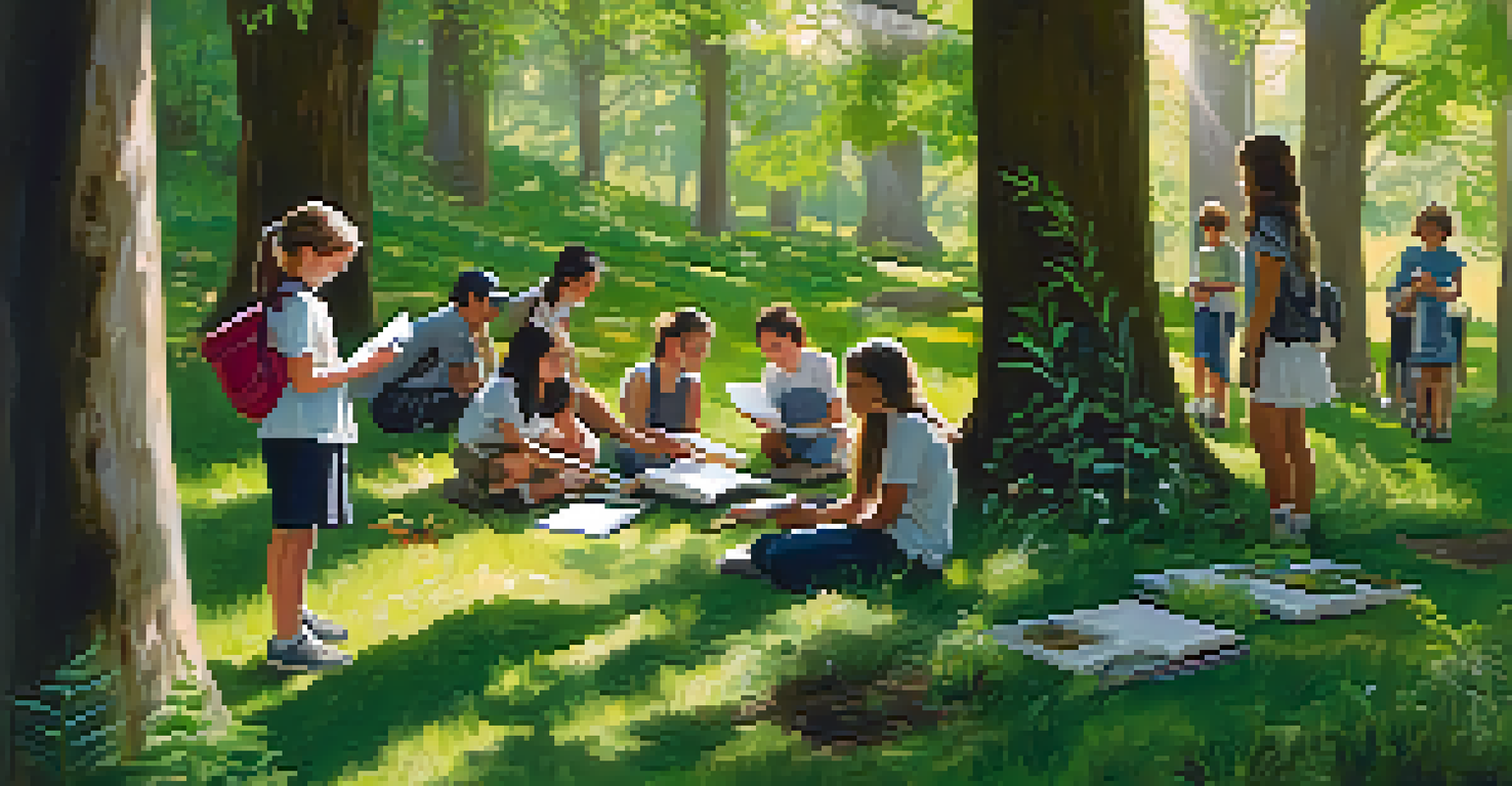 Students exploring nature in a park for an inquiry project, using magnifying glasses and notebooks to document their observations.