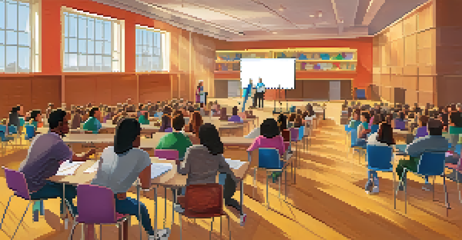 Parents and educators participating in a workshop about mental health in a school auditorium, with a presenter and resources on tables.