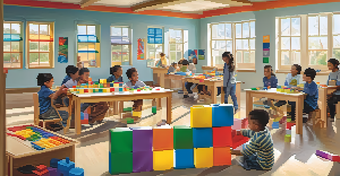 A group of children collaborating in a bright classroom, building a structure with colorful blocks, smiling and focused.