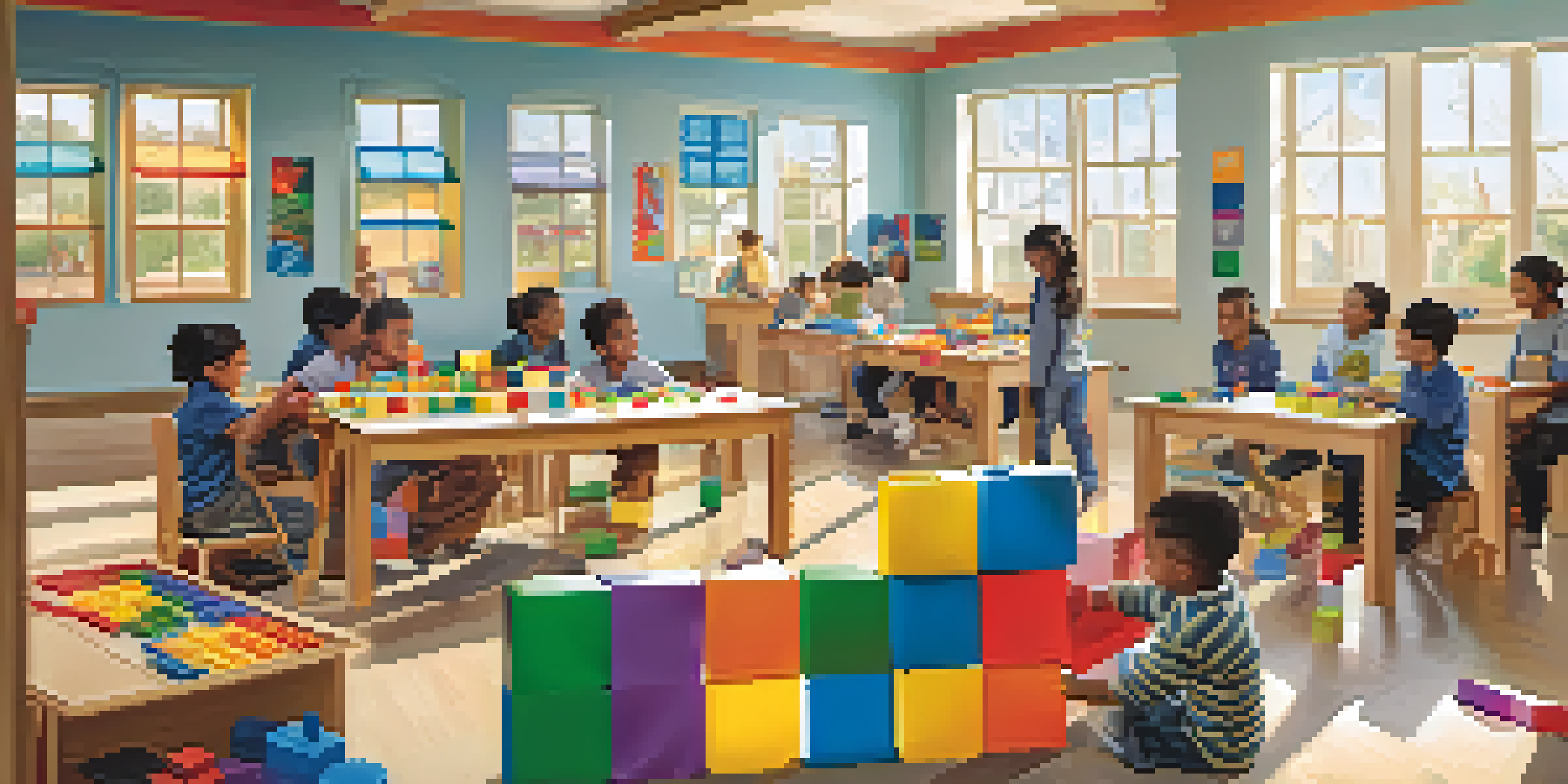 A group of children collaborating in a bright classroom, building a structure with colorful blocks, smiling and focused.