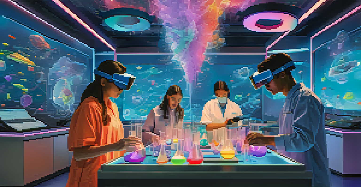 Students in a futuristic virtual science lab, collaborating on experiments with colorful liquids and 3D scientific models around them.