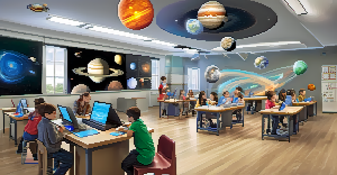 A vibrant classroom with students using tablets to explore a 3D model of the solar system through augmented reality.