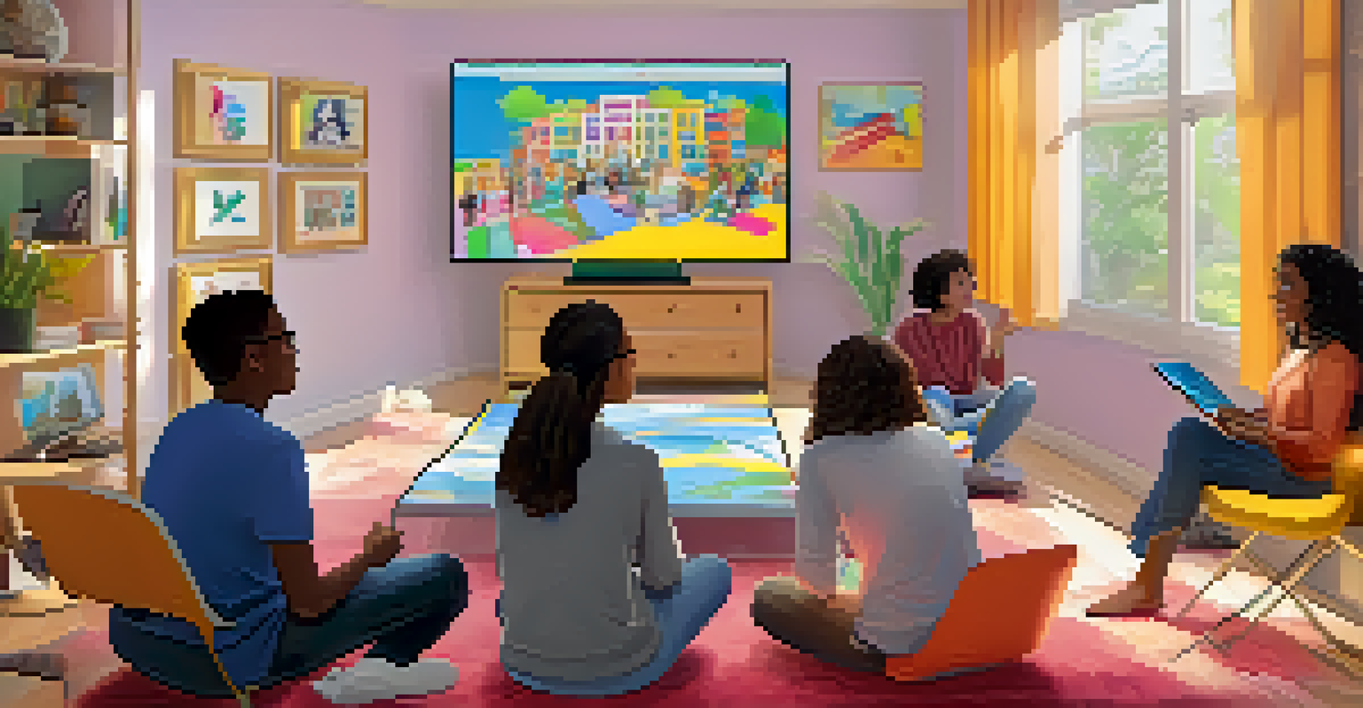 A virtual classroom with diverse students engaged on a digital platform, each in their own unique setting, with interactive content visible on their screens.