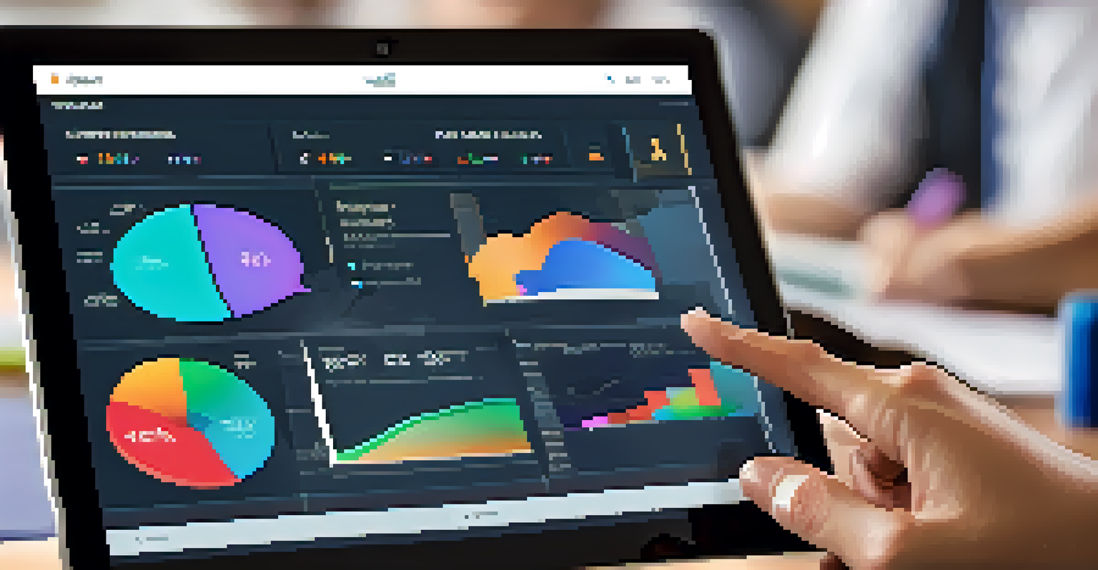 A close-up of a teacher's hands using a tablet to view a data dashboard with student engagement metrics.