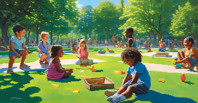 A group of joyful children playing 'Duck, Duck, Goose' in a sunny park, surrounded by green trees.