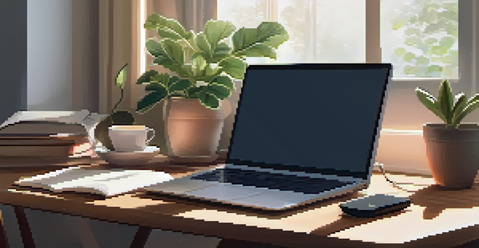 A cozy study area with a wooden desk, an open laptop, a potted plant, a cup of tea, and warm lighting from a lamp.