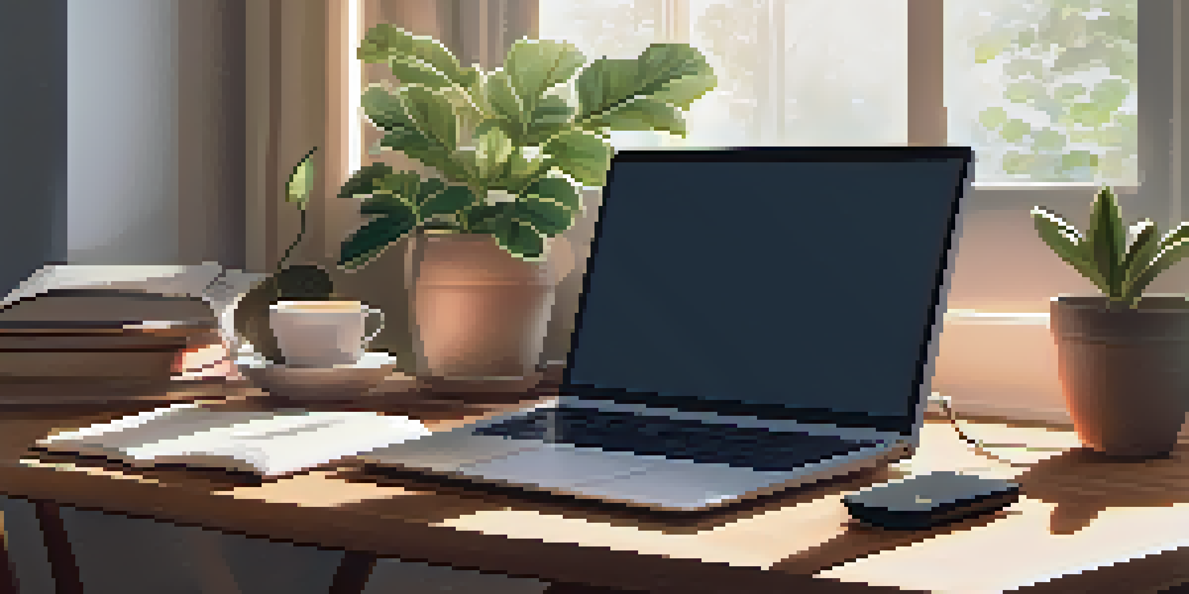 A cozy study area with a wooden desk, an open laptop, a potted plant, a cup of tea, and warm lighting from a lamp.