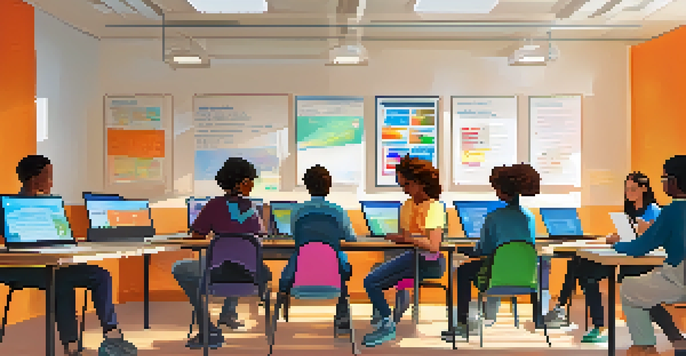 A diverse group of students participating in a virtual classroom, with laptops and tablets in a bright and inviting space.