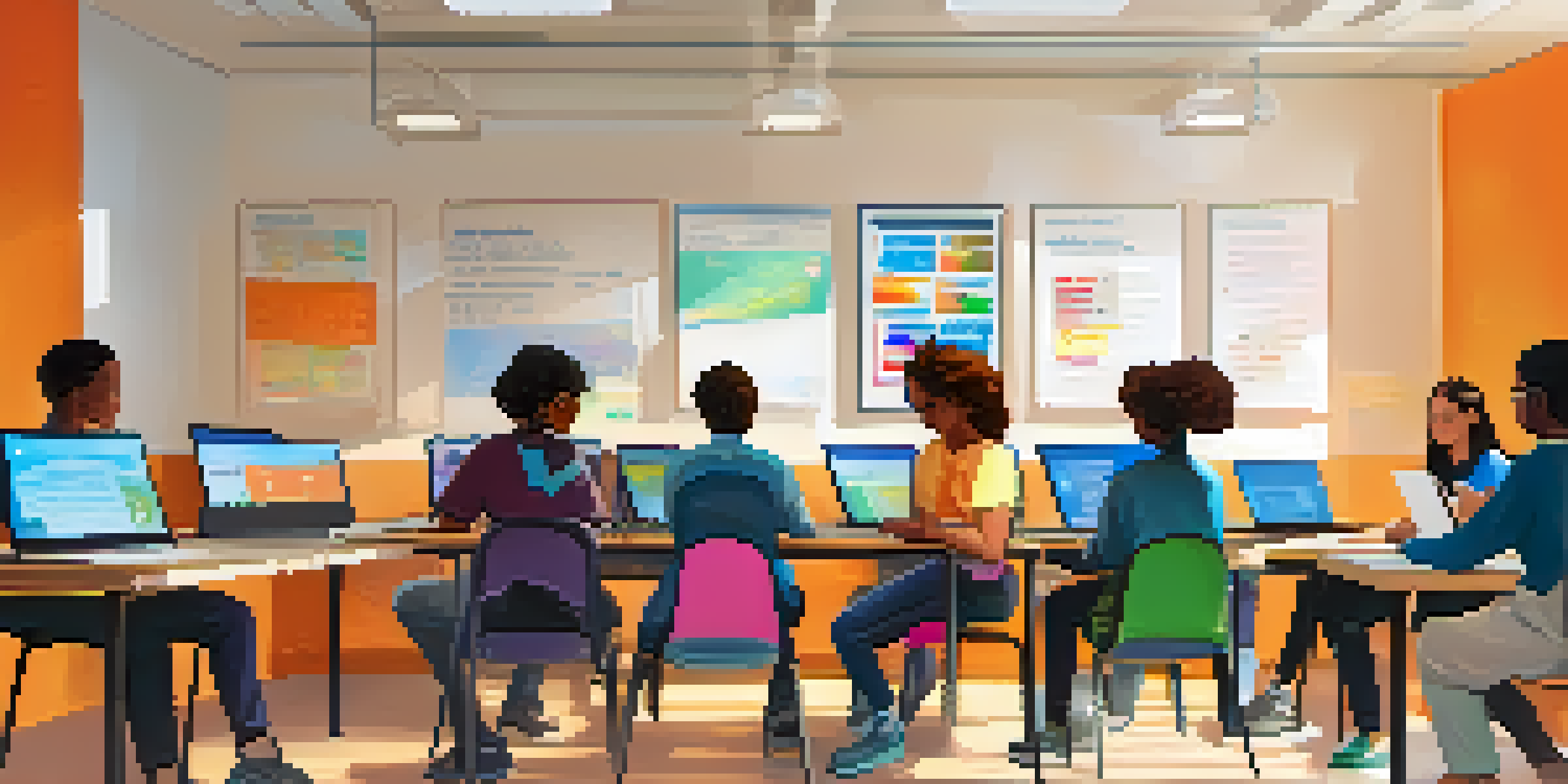 A diverse group of students participating in a virtual classroom, with laptops and tablets in a bright and inviting space.