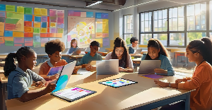 A modern classroom with diverse students focusing on personalized learning, each using tablets and surrounded by colorful educational materials.