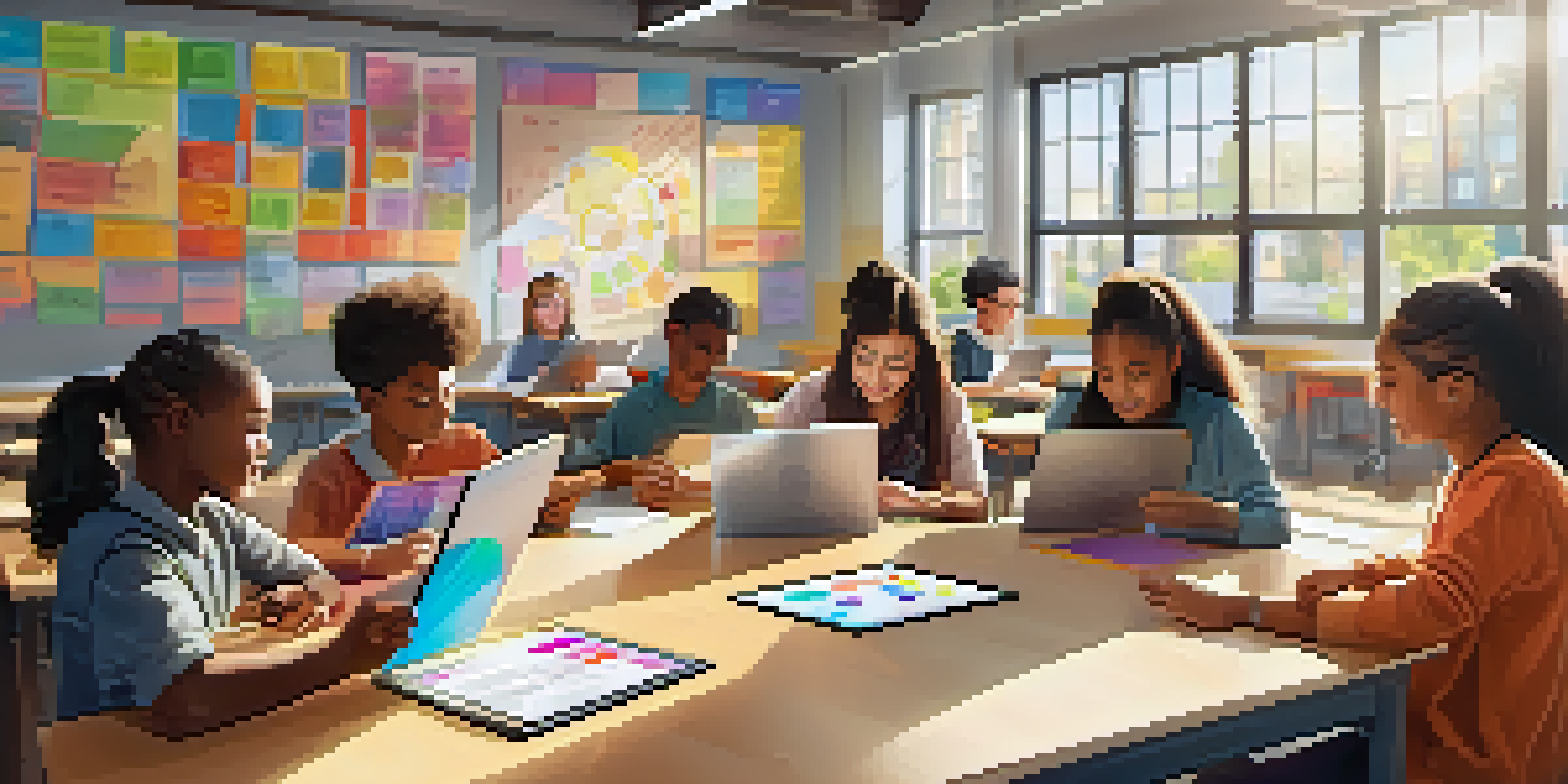 A modern classroom with diverse students focusing on personalized learning, each using tablets and surrounded by colorful educational materials.