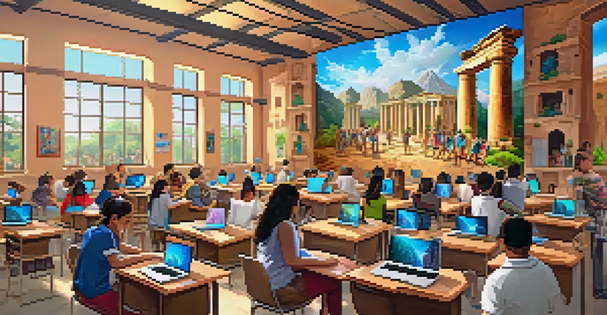 A bright classroom filled with students using laptops and VR headsets, exploring virtual ancient ruins on a large screen.
