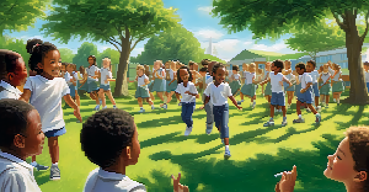 Children participating in a team-building exercise outdoors, laughing and working together in a schoolyard.