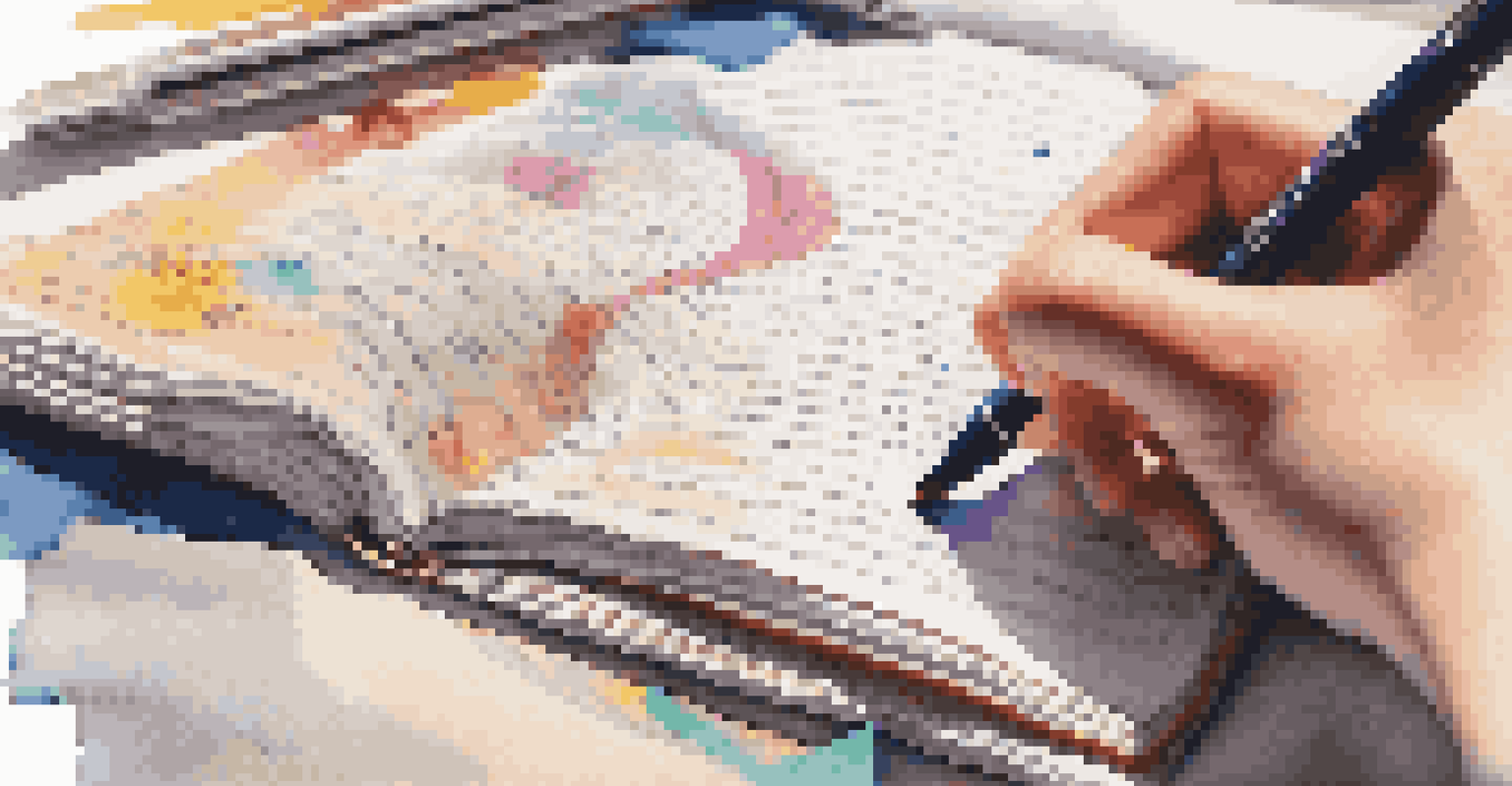 Close-up of a student's hands writing in a reflective journal, surrounded by colorful pens and sketches, capturing the essence of personal growth.