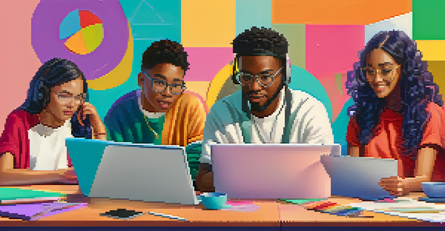 A diverse group of students working together at a table with laptops and a large screen, surrounded by colorful stationery, in a collaborative environment.