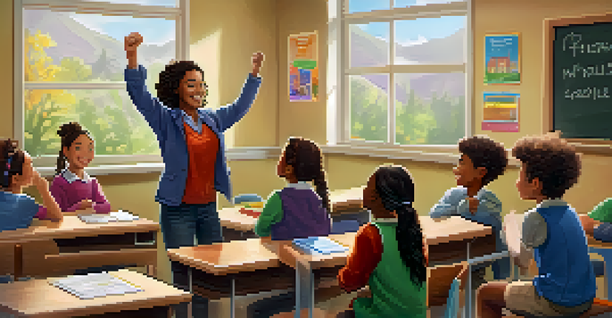 A teacher celebrating with students in a vibrant classroom, where students are sharing their achievements, and the teacher is smiling.