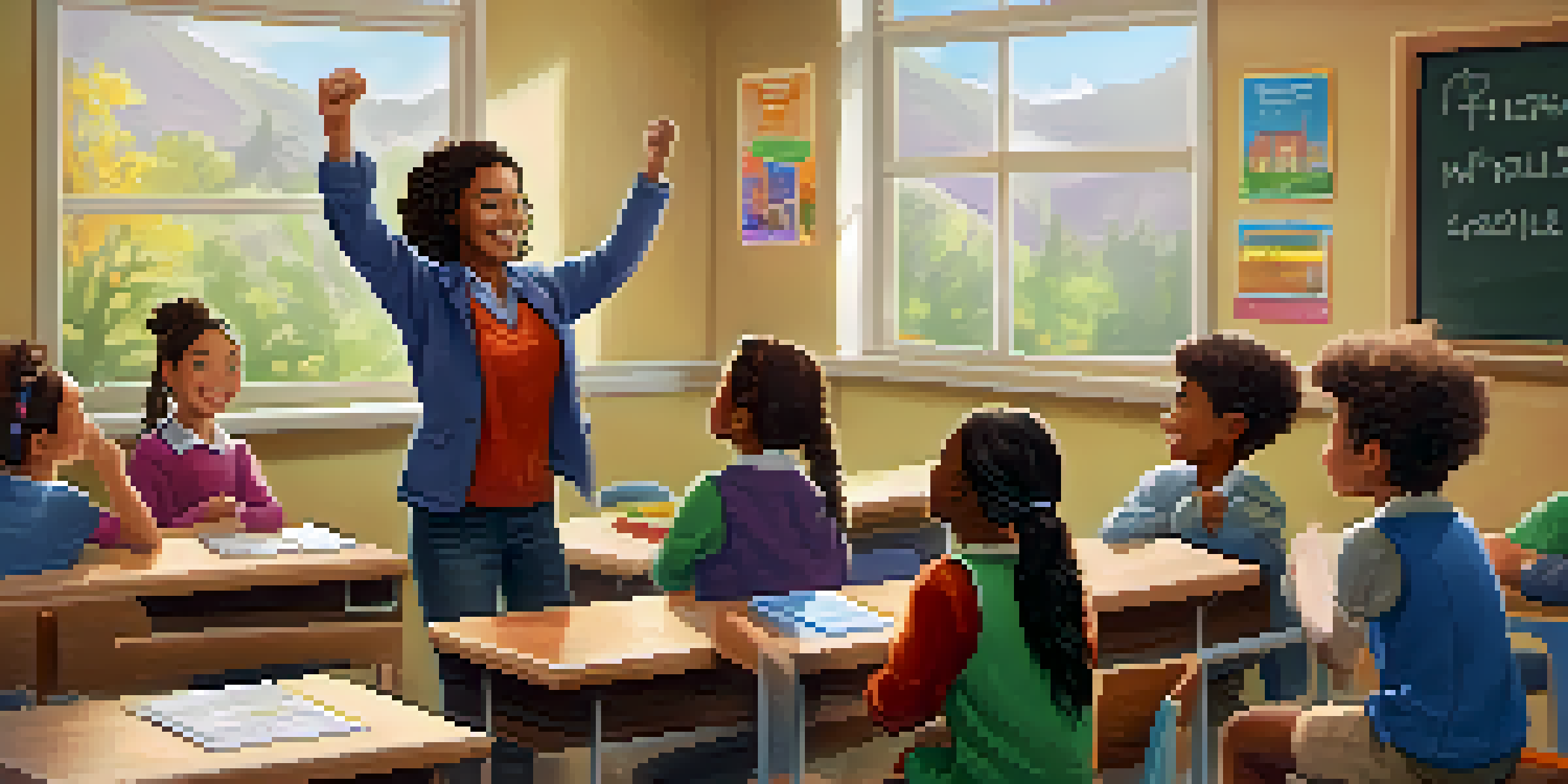 A teacher celebrating with students in a vibrant classroom, where students are sharing their achievements, and the teacher is smiling.