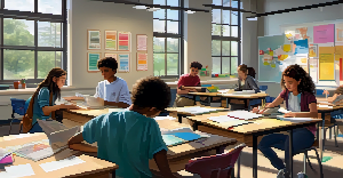 Students working together in a bright classroom, engaged in a collaborative project with posters about real-world skills on the walls.