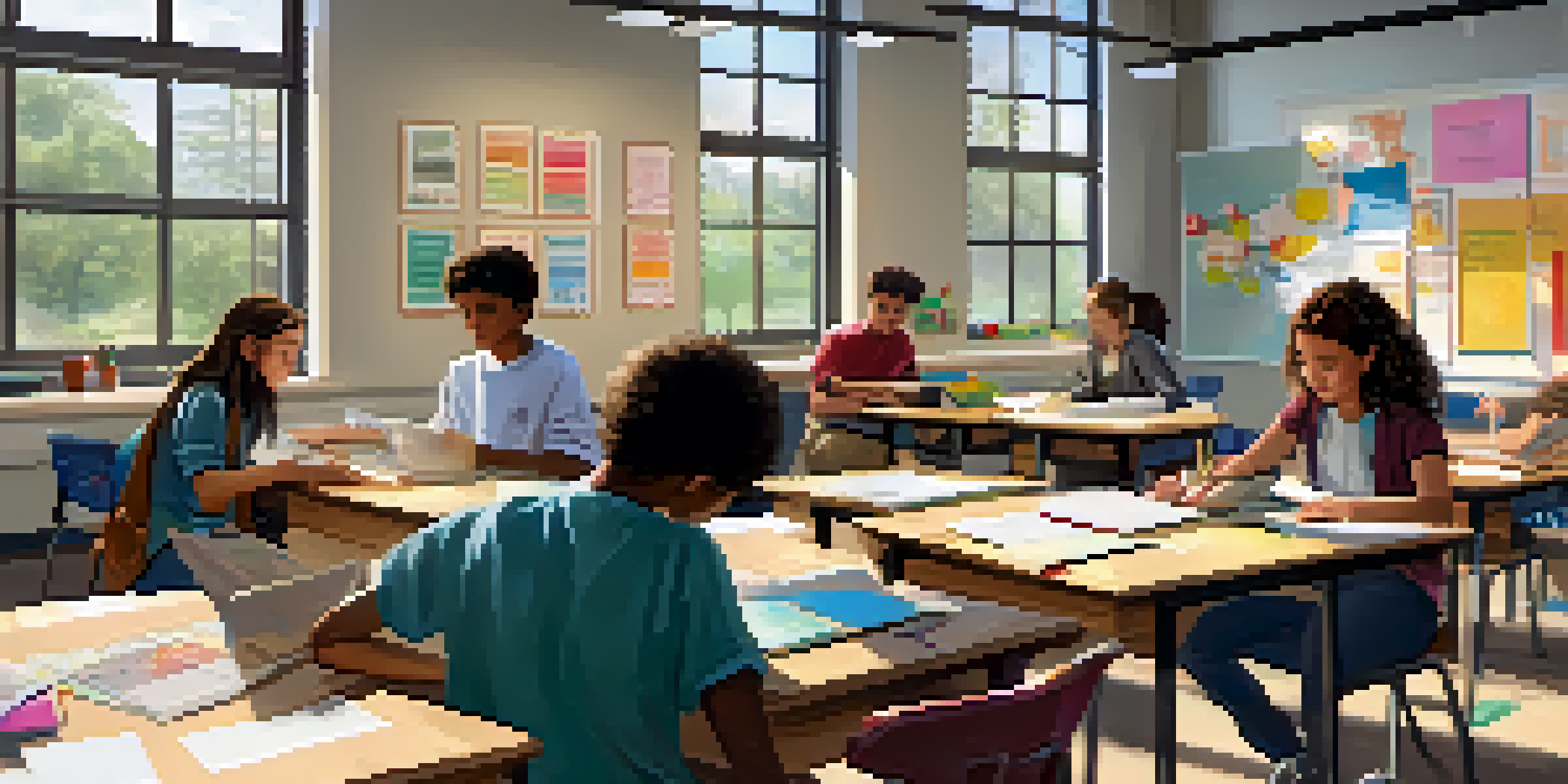 Students working together in a bright classroom, engaged in a collaborative project with posters about real-world skills on the walls.