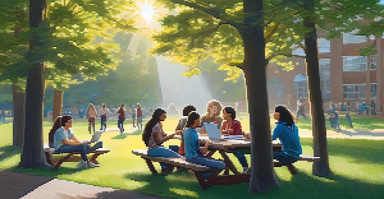 Students collaborating outdoors at a picnic table with laptops, enjoying a supportive and engaging learning environment.
