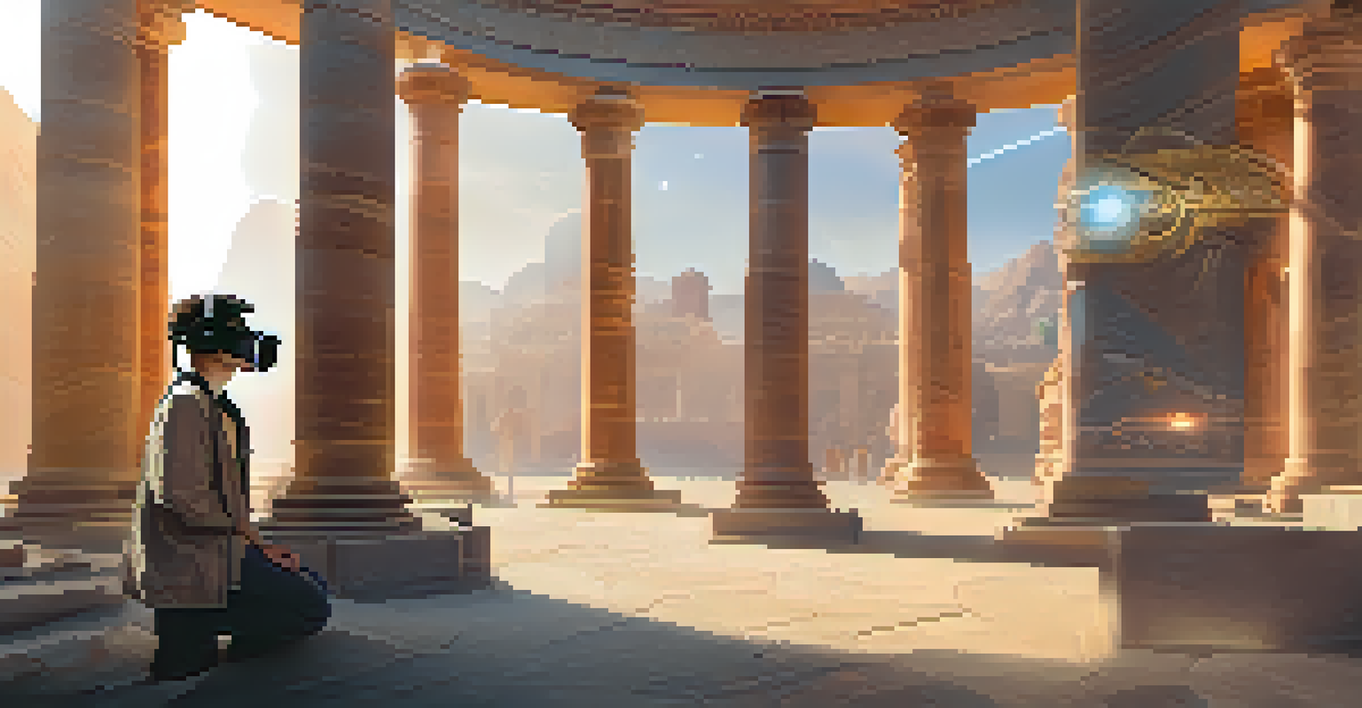 A student wearing VR goggles, surrounded by holograms of ancient civilization landmarks in a futuristic educational setting.