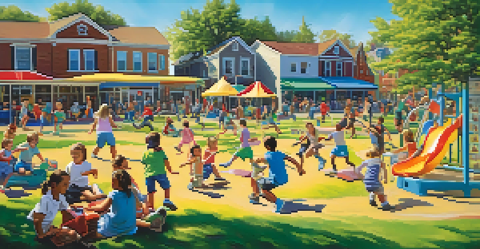 A lively playground with children playing tag and board games, under a bright blue sky and green grass.