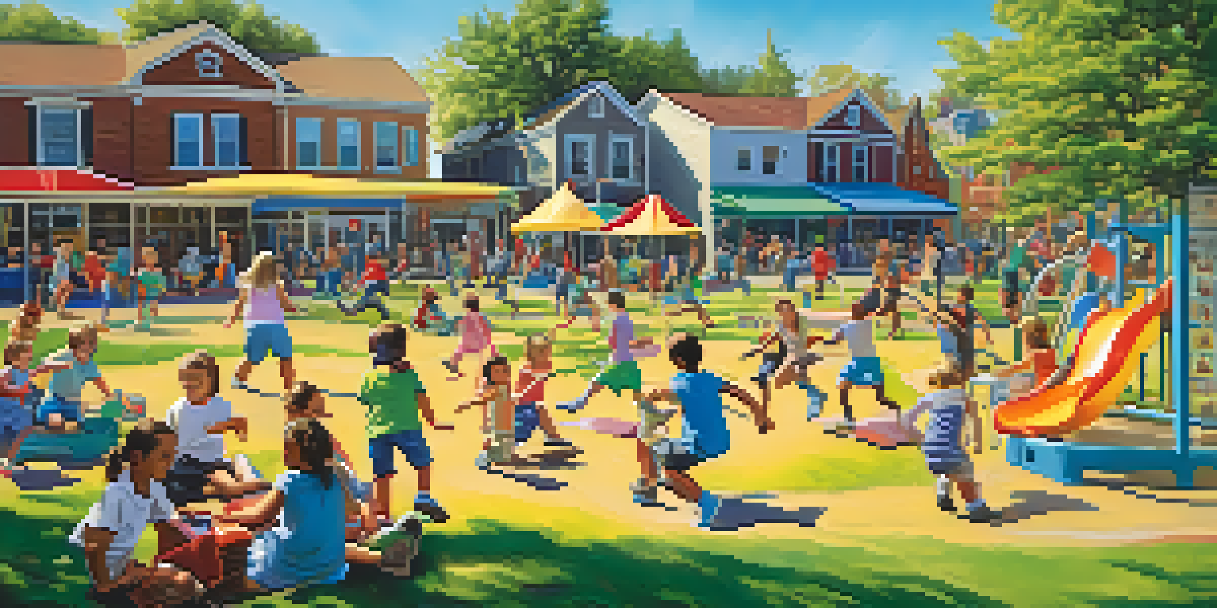 A lively playground with children playing tag and board games, under a bright blue sky and green grass.