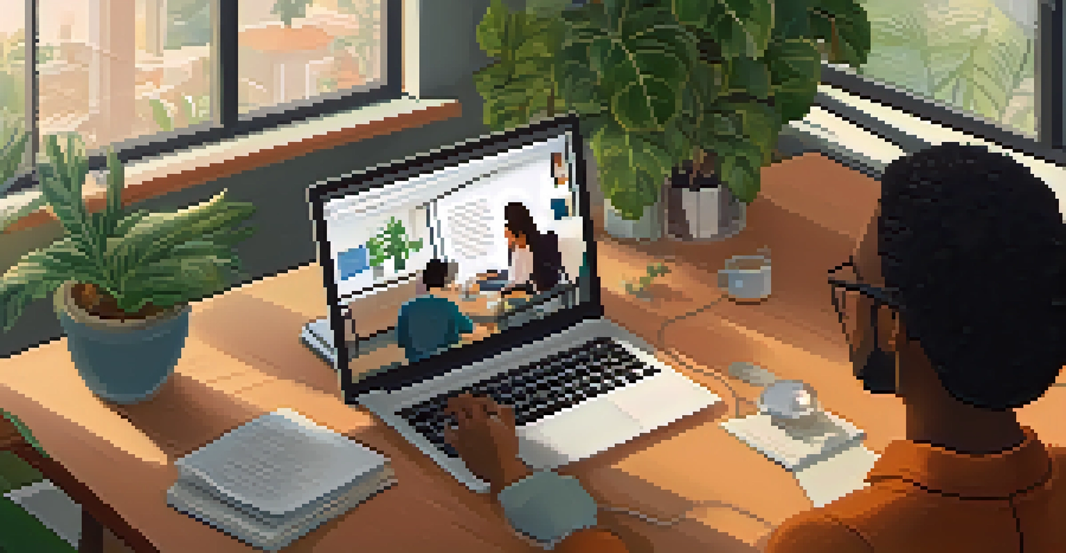 Close-up of hands typing on laptops during an online group discussion, with screens showing video calls and a cozy home office background.